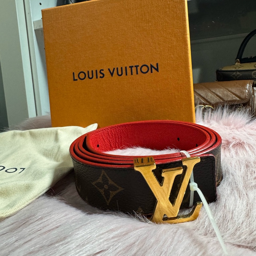 Louis Vuitton Men's Belt - Red and Brown with Gold Buckle